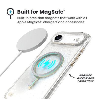 A MagSafe charger hovers over the back of the phone case. Text reads Built for MagSafe: Built-in precision magnets that work with all Apple MagSafe chargers and accessories; MagSafe accessories compatible#color_clear-gold-glitter