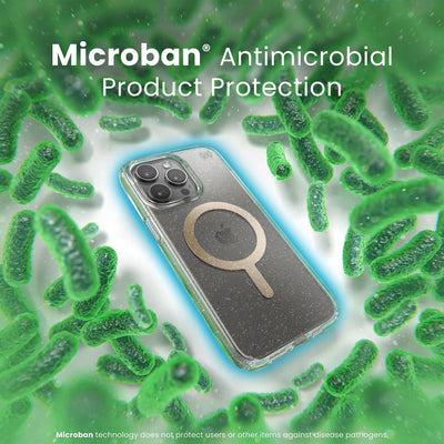 A case with phone inside is surrounded by bacteria. A blue halo around the phone keeps the bacteria away. Text reads Microban antimicrobial product protection. Microban technology does not protect users or other items against disease pathogens.#color_clear-gold-glitter