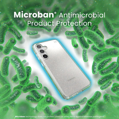 A case is surrounded by bacteria. A halo around the phone keeps the bacteria away. Text reads Microban antimicrobial product protection#color_clear-gold-glitter
