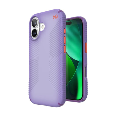 Three-quarter view of back of phone case with phone inside shown over top of front view of phone case with phone inside#color_purple-fade-magic-purple-new-poppy