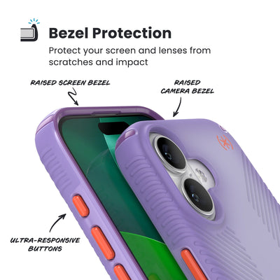 Raised bezels around phone screen and camera are highlighted. Text reads Bezel Protectection: Protect your screen and lenses from scratches and impact; Raised screen bezel; Raised camera bezel; Ultra-responsive buttons#color_purple-fade-magic-purple-new-poppy