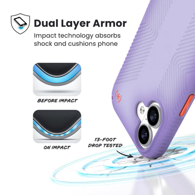 A corner of the case impacts the ground - a diagram shows interior cushion of phone before impact and on impact. Text reads Dual Layer Armor: Impact technology absorbs shock and cushions phone; 13-foot drop tested#color_purple-fade-magic-purple-new-poppy