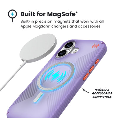A MagSafe charger hovers over the back of the phone case. Text reads Built for MagSafe: Built-in precision magnets that work with all Apple MagSafe chargers and accessories; MagSafe accessories compatible#color_purple-fade-magic-purple-new-poppy