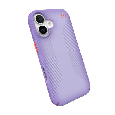 Tilted slight perspective view of back of phone case with phone inside#color_purple-fade-magic-purple-new-poppy