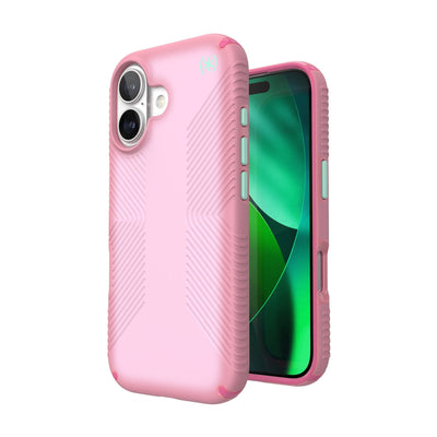 Three-quarter view of back of phone case with phone inside shown over top of front view of phone case with phone inside#color_ibis-pink-dark-ibis-kanom-green