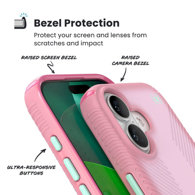 Raised bezels around phone screen and camera are highlighted. Text reads Bezel Protectection: Protect your screen and lenses from scratches and impact; Raised screen bezel; Raised camera bezel; Ultra-responsive buttons#color_ibis-pink-dark-ibis-kanom-green