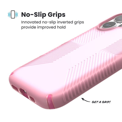 Close-up of grips on the back and side of a phone case. Text reads No-Slip Grips: Innovated no-slip inverted grips provide improved hold; Get a grip!#color_ibis-pink-dark-ibis-kanom-green