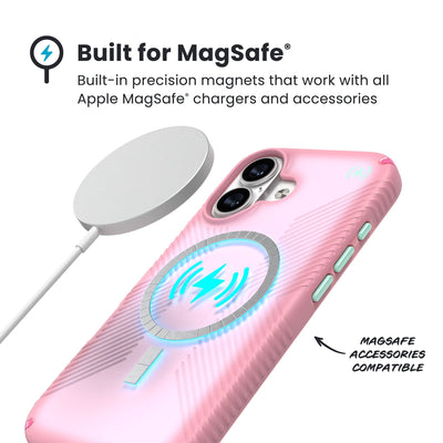 A MagSafe charger hovers over the back of the phone case. Text reads Built for MagSafe: Built-in precision magnets that work with all Apple MagSafe chargers and accessories; MagSafe accessories compatible#color_ibis-pink-dark-ibis-kanom-green