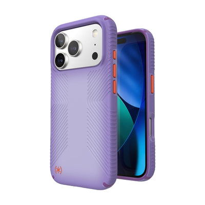 Three-quarter view of back of phone case with phone inside shown over top of front view of phone case with phone inside#color_purple-fade-magic-purple-new-poppy