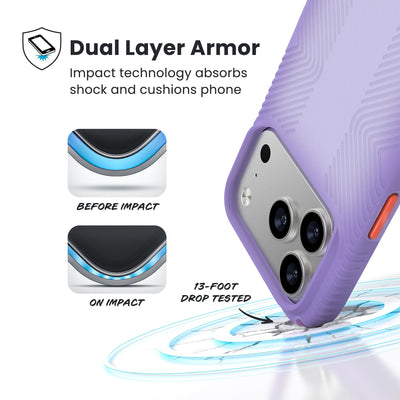 A corner of the case impacts the ground - a diagram shows interior cushion of phone before impact and on impact. Text reads Dual Layer Armor: Impact technology absorbs shock and cushions phone; 13-foot drop tested#color_purple-fade-magic-purple-new-poppy
