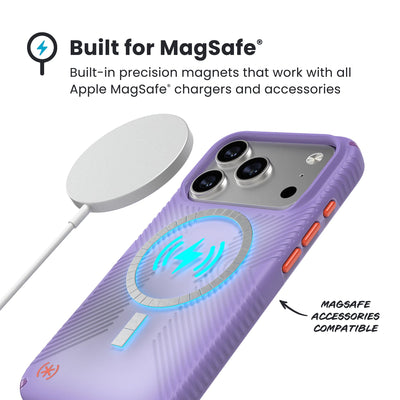 A MagSafe charger hovers over the back of the phone case. Text reads Built for MagSafe: Built-in precision magnets that work with all Apple MagSafe chargers and accessories; MagSafe accessories compatible#color_purple-fade-magic-purple-new-poppy