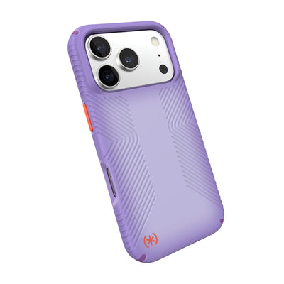 Tilted slight perspective view of back of phone case with phone inside#color_purple-fade-magic-purple-new-poppy