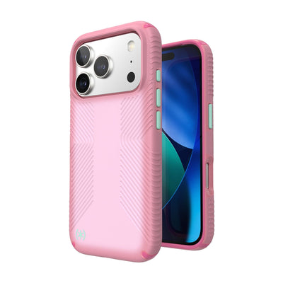 Three-quarter view of back of phone case with phone inside shown over top of front view of phone case with phone inside#color_ibis-pink-dark-ibis-kanom-green