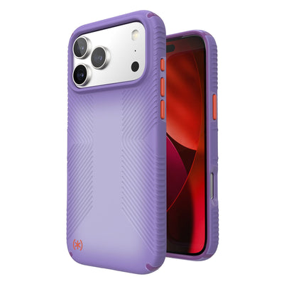 Three-quarter view of back of phone case with phone inside shown over top of front view of phone case with phone inside#color_purple-fade-magic-purple-new-poppy