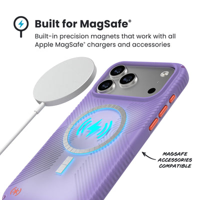 A MagSafe charger hovers over the back of the phone case. Text reads Built for MagSafe: Built-in precision magnets that work with all Apple MagSafe chargers and accessories; MagSafe accessories compatible#color_purple-fade-magic-purple-new-poppy