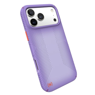 Tilted slight perspective view of back of phone case with phone inside#color_purple-fade-magic-purple-new-poppy