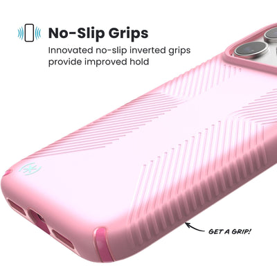Close-up of grips on the back and side of a phone case. Text reads No-Slip Grips: Innovated no-slip inverted grips provide improved hold; Get a grip!#color_ibis-pink-dark-ibis-kanom-green