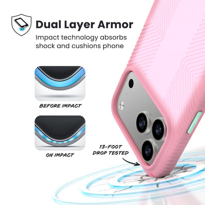 A corner of the case impacts the ground - a diagram shows interior cushion of phone before impact and on impact. Text reads Dual Layer Armor: Impact technology absorbs shock and cushions phone; 13-foot drop tested#color_ibis-pink-dark-ibis-kanom-green