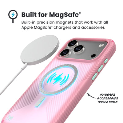 A MagSafe charger hovers over the back of the phone case. Text reads Built for MagSafe: Built-in precision magnets that work with all Apple MagSafe chargers and accessories; MagSafe accessories compatible#color_ibis-pink-dark-ibis-kanom-green