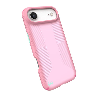Tilted slight perspective view of back of phone case with phone inside#color_ibis-pink-dark-ibis-kanom-green