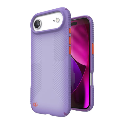 Three-quarter view of back of phone case with phone inside shown over top of front view of phone case with phone inside#color_purple-fade-magic-purple-new-poppy
