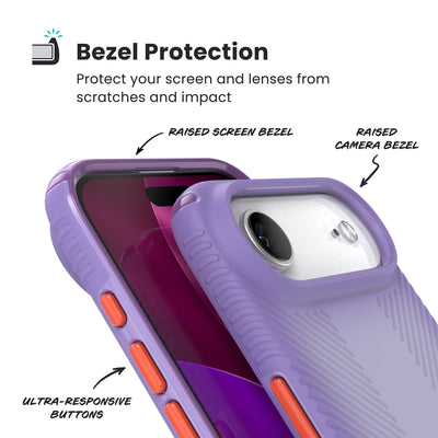 Raised bezels around phone screen and camera are highlighted. Text reads Bezel Protectection: Protect your screen and lenses from scratches and impact; Raised screen bezel; Raised camera bezel; Ultra-responsive buttons#color_purple-fade-magic-purple-new-poppy