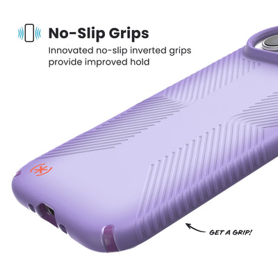 Close-up of grips on the back and side of a phone case. Text reads No-Slip Grips: Innovated no-slip inverted grips provide improved hold; Get a grip!#color_purple-fade-magic-purple-new-poppy