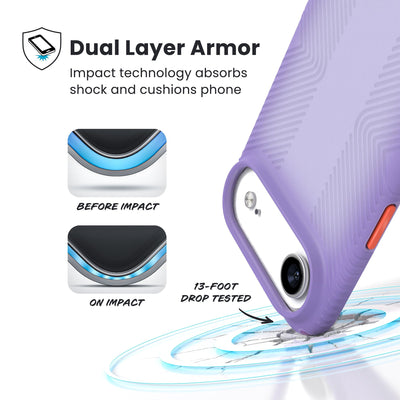 A corner of the case impacts the ground - a diagram shows interior cushion of phone before impact and on impact. Text reads Dual Layer Armor: Impact technology absorbs shock and cushions phone; 13-foot drop tested#color_purple-fade-magic-purple-new-poppy