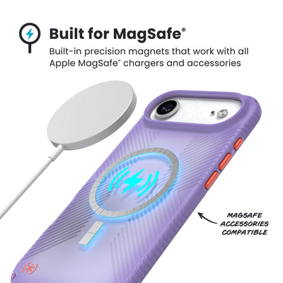 A MagSafe charger hovers over the back of the phone case. Text reads Built for MagSafe: Built-in precision magnets that work with all Apple MagSafe chargers and accessories; MagSafe accessories compatible#color_purple-fade-magic-purple-new-poppy