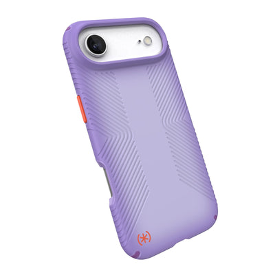 Tilted slight perspective view of back of phone case with phone inside#color_purple-fade-magic-purple-new-poppy