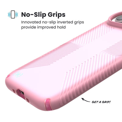 Close-up of grips on the back and side of a phone case. Text reads No-Slip Grips: Innovated no-slip inverted grips provide improved hold; Get a grip!#color_ibis-pink-dark-ibis-kanom-green