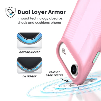 A corner of the case impacts the ground - a diagram shows interior cushion of phone before impact and on impact. Text reads Dual Layer Armor: Impact technology absorbs shock and cushions phone; 13-foot drop tested#color_ibis-pink-dark-ibis-kanom-green