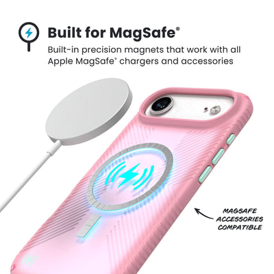 A MagSafe charger hovers over the back of the phone case. Text reads Built for MagSafe: Built-in precision magnets that work with all Apple MagSafe chargers and accessories; MagSafe accessories compatible#color_ibis-pink-dark-ibis-kanom-green