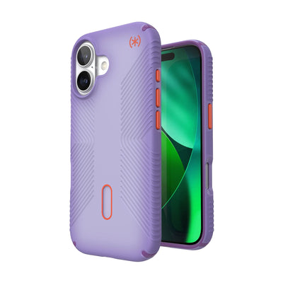 Three-quarter view of back of phone case with phone inside shown over top of front view of phone case with phone inside#color_purple-fade-magic-purple-new-poppy