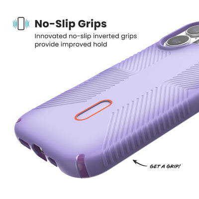 Close-up of grips on the back and side of a phone case. Text reads No-Slip Grips: Innovated no-slip inverted grips provide improved hold; Get a grip!#color_purple-fade-magic-purple-new-poppy