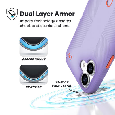 A corner of the case impacts the ground - a diagram shows interior cushion of phone before impact and on impact. Text reads Dual Layer Armor: Impact technology absorbs shock and cushions phone; 13-foot drop tested#color_purple-fade-magic-purple-new-poppy