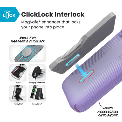 A ClickLock Wallet accessory hovers over the back of the phone case with interlock bolt extended and arrow pointing to bolt receptacle in case. Various Speck ClickLock accessories are also shown. Text reads ClickLock Interlock: MagSafe enhancer that locks your phone into place; Built for MagSafe and ClickLock; Locks Speck ClickLock accessories onto phone#color_purple-fade-magic-purple-new-poppy