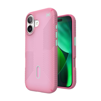 Three-quarter view of back of phone case with phone inside shown over top of front view of phone case with phone inside#color_ibis-pink-dark-ibis-kanom-green