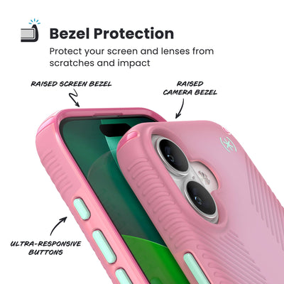 Raised bezels around phone screen and camera are highlighted. Text reads Bezel Protectection: Protect your screen and lenses from scratches and impact; Raised screen bezel; Raised camera bezel; Ultra-responsive buttons#color_ibis-pink-dark-ibis-kanom-green