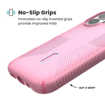 Close-up of grips on the back and side of a phone case. Text reads No-Slip Grips: Innovated no-slip inverted grips provide improved hold; Get a grip!#color_ibis-pink-dark-ibis-kanom-green