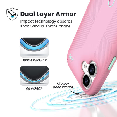 A corner of the case impacts the ground - a diagram shows interior cushion of phone before impact and on impact. Text reads Dual Layer Armor: Impact technology absorbs shock and cushions phone; 13-foot drop tested#color_ibis-pink-dark-ibis-kanom-green