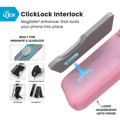 A ClickLock Wallet accessory hovers over the back of the phone case with interlock bolt extended and arrow pointing to bolt receptacle in case. Various Speck ClickLock accessories are also shown. Text reads ClickLock Interlock: MagSafe enhancer that locks your phone into place; Built for MagSafe and ClickLock; Locks Speck ClickLock accessories onto phone#color_ibis-pink-dark-ibis-kanom-green