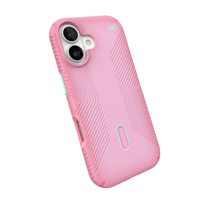 Tilted slight perspective view of back of phone case with phone inside#color_ibis-pink-dark-ibis-kanom-green