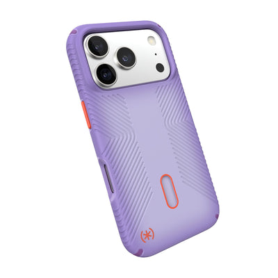Tilted slight perspective view of back of phone case with phone inside#color_purple-fade-magic-purple-new-poppy