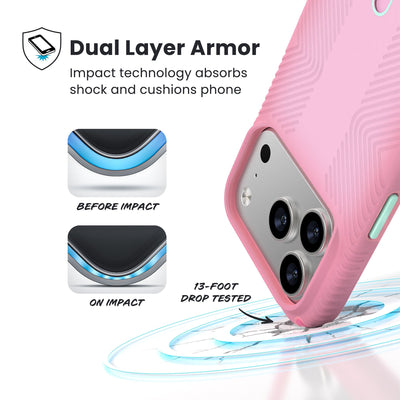 A corner of the case impacts the ground - a diagram shows interior cushion of phone before impact and on impact. Text reads Dual Layer Armor: Impact technology absorbs shock and cushions phone; 13-foot drop tested#color_ibis-pink-dark-ibis-kanom-green