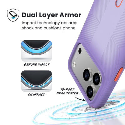 A corner of the case impacts the ground - a diagram shows interior cushion of phone before impact and on impact. Text reads Dual Layer Armor: Impact technology absorbs shock and cushions phone; 13-foot drop tested#color_purple-fade-magic-purple-new-poppy