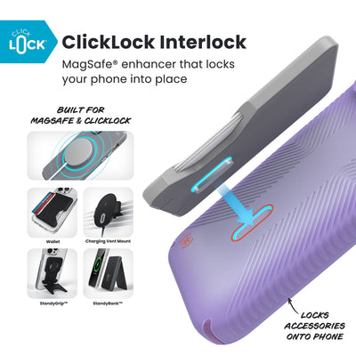 A ClickLock Wallet accessory hovers over the back of the phone case with interlock bolt extended and arrow pointing to bolt receptacle in case. Various Speck ClickLock accessories are also shown. Text reads ClickLock Interlock: MagSafe enhancer that locks your phone into place; Built for MagSafe and ClickLock; Locks Speck ClickLock accessories onto phone#color_purple-fade-magic-purple-new-poppy