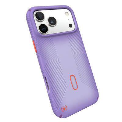 Tilted slight perspective view of back of phone case with phone inside#color_purple-fade-magic-purple-new-poppy