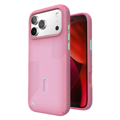 Three-quarter view of back of phone case with phone inside shown over top of front view of phone case with phone inside#color_ibis-pink-dark-ibis-kanom-green