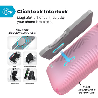 A ClickLock Wallet accessory hovers over the back of the phone case with interlock bolt extended and arrow pointing to bolt receptacle in case. Various Speck ClickLock accessories are also shown. Text reads ClickLock Interlock: MagSafe enhancer that locks your phone into place; Built for MagSafe and ClickLock; Locks Speck ClickLock accessories onto phone#color_ibis-pink-dark-ibis-kanom-green
